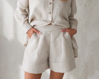 Natural Color Linen Shorts for Women, High Waisted Summer Shorts With Pockets