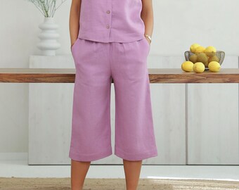 Lilac Capris Linen, Capris Pants, Capris For Women, Capris Women, Linen Pants, High Waisted Pants, Handmade Linen, 100 Linen