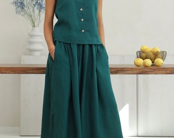 Dark Green Linen Midi Skirt With Pockets, Hight Waisted Linen Skirt With Elastic Waist