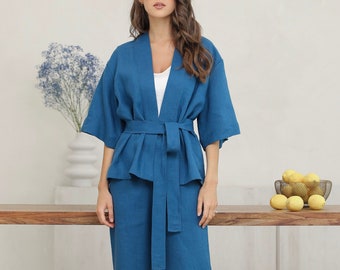 Short Linen Kimono Jacket for Women | Minimalist Summer Linen Wrap Top | Lightweight Resort Wear / Dark Teal