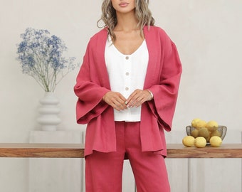 Kimono-Jacke aus Leinen für Damen, leichte Leinenjacke mit offener Vorderseite, minimalistische Kimono-Oberbekleidung mit entspannter Passform in Staubrot
