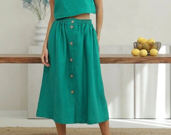 Emerald Green Linen Midi Skirt With Pockets, Button Front Linen Skirt, High Waisted Linen Skirt