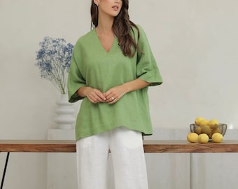 Linen Boxy Oversized Top for Women, Relaxed Fit Linen Blouse in Fern Green