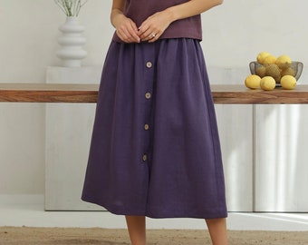Linen Skirt With Elastic Waist, Button Front Linen Midi Skirt in Eggplant, High Waisted Linen Skirt With Pockets