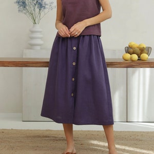 Button Front Linen Skirt in Eggpalnt, Linen Skirt With Elastic Waist, High Waisted Linen Skirt, Linen Skirt With Pockets, Linen Skirt Midi