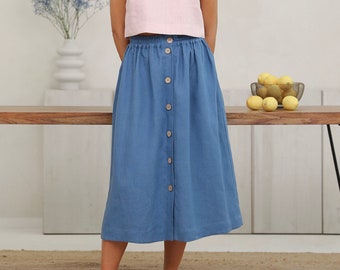 Button Front Linen Skirt in Dark Dusty Blue, Linen Skirt With Elastic Waist, High Waisted Linen Skirt With Pockets