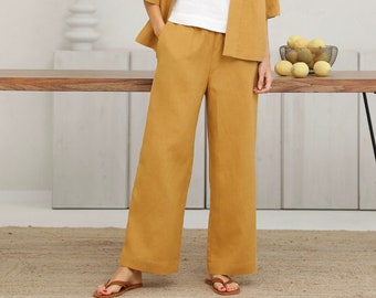 Linen Wide Leg Pants for Women, Elastic Waist Linen Trousers with Pockets, Relaxed Summer Linen Pants / Mustard