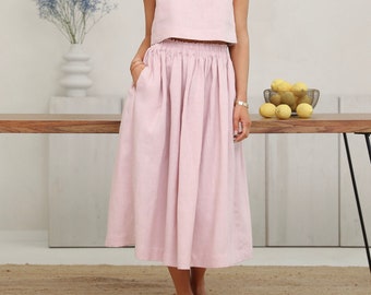 Pastel Pink Linen Midi Skirt for Women, High Waisted Summer Skirt With Pockets