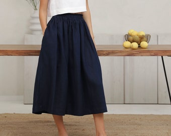 Dark Navy Blue Linen Skirt, High Waist Skirt, Skirt With Pockets, Gathered Skirt, Lithuanian Linen, Linen Midi Skirt, 100 Linen Skirt