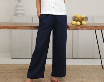 Navy Blue Linen Pants Linen Wide Leg Pants for Women, Elastic Waist Linen Trousers with Pockets, Relaxed Summer Linen Pants