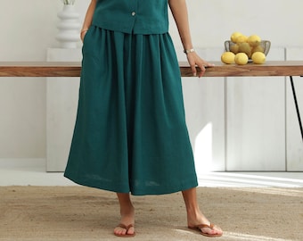 Dark Green Linen Skirt, High Waist Skirt, Skirt With Pockets, Gathered Skirt, Lithuanian Linen, Handmade Linen Midi Skirt, 100 Linen Skirt