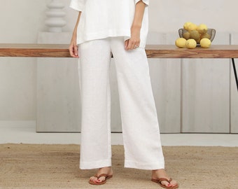 Milk White Linen Pants, Wide Leg Pants for Women, Elastic Waist Linen Trousers with Pockets, Relaxed Summer Linen Pants