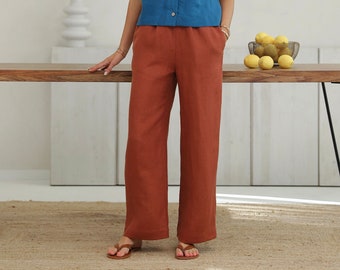 Linen Wide Leg Pants for Women, Elastic Waist Linen Trousers with Pockets, Relaxed Summer Linen Pants / Chestnut