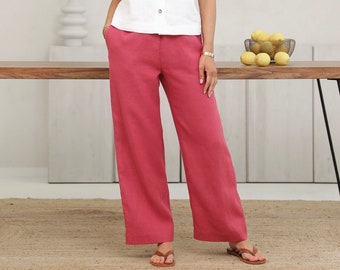 Linen Wide Leg Pants for Women, Elastic Waist Linen Trousers with Pockets, Relaxed Summer Linen Pants / Dusty Red