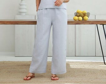 Linen Wide Leg Pants for Women, Elastic Waist Linen Trousers with Pockets, Relaxed Summer Linen Pants / Light Gray