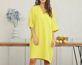 Linen Tunic Dress for Women in Lemon, Loose Fit Summer Linen Dress