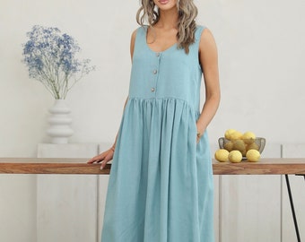 Linen Tank Loose Dress With Buttons, Sage Linen Sleeveless Dress With Pockets
