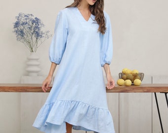 Sky Blue Linen Dress, Natural 100 Linen, Summer Dress, Vacation Dress, Sundress, Sustainable Clothing, Midi Dress, Oversized Dress