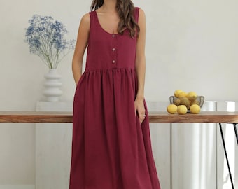 Burgundy Long Linen Dress, Sleeveless Linen Dress With Pockets, Loose Linen Dress