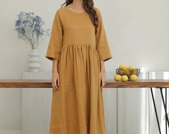 ワンピース ARGUE Natural Dyed Linen Dress (BROWN) Light Brown Linen Dress, Natural 100 Linen, Summer Dress, Vacation
