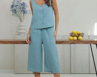 Linen Women Cropped Pants With Elastic Waist and Pockets, Summer Minimalist Capris Trousers / Sage