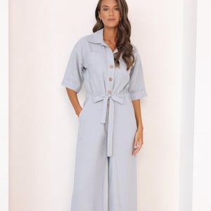 Linen Jumpsuit Women, Loose Linen Overall in Sky Blue Linen, Linen Romper With Belt for Women, Line Outfit Women