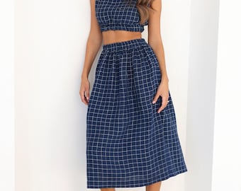 Navy Gingham Linen Skirt, High Waisted Midi Skirt With Pockets