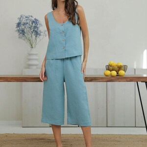 Sage Capris Linen ROZMIAR - S Gotowe do wysyłki, Spodnie Capris, Capris dla kobiet, Capris damskie, Spodnie lniane, Spodnie z wysokim stanem