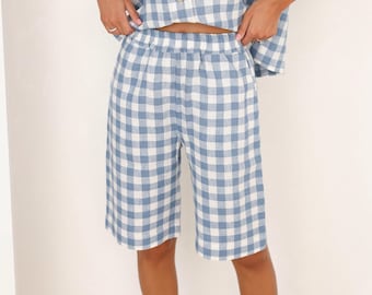 Light Blue Gingham Linen Shorts Women, Long Linen Shorts Women, Elastic Waist Casual Linen Shorts
