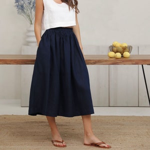 Dark Navy Blue Linen Skirt, High Waist Skirt, Skirt With Pockets, Gathered Skirt, Lithuanian Linen, Linen Midi Skirt, 100 Linen Skirt