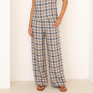Linen Gingham Pants Women, Gingham Trousers Linen Trousers in Blue Brown Gingham, Linen Pants Wide Leg, Checkered Pants Women