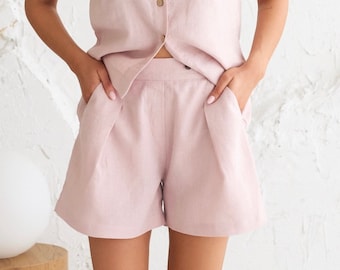 Women Linen Shorts in Pastel Pink, High Waist Casual Beach Shorts