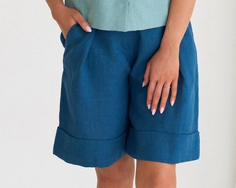 Short en lin pour femme en bleu sarcelle foncé, Short en lin taille haute, 100 lin naturel, lin de Lituanie, Short fait main