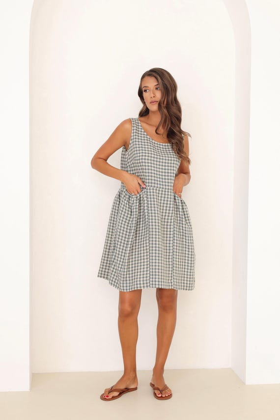 short sleeveless summer dresses Short Linen Summer Dress, Sleeveless Linen Sun Dress, Small Green Gingham  Linen Dress With Pockets