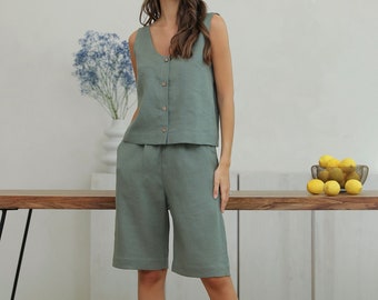 Linen 2 Piece Set Gray Green Shorts and Tank Top Set Available in 34 colors Washed Softened Natural Linen, Linen Set, Everyday Linen