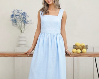 Sky Blue Linen Midi Dress for Women, Elegant Summer Linen Dress Backless