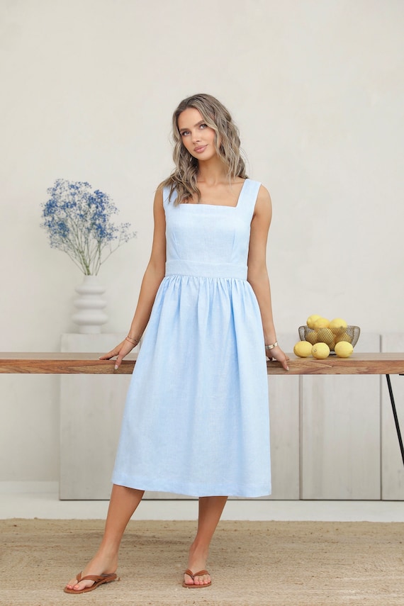 Sky Blue Linen Midi Dress for Women, Elegant Summer Linen Dress Backless Sky Blue Linen Midi Dress for Women, Elegant Summer Linen Dress Backless
