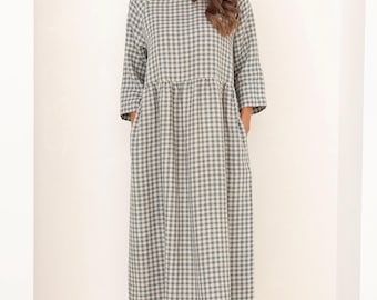 Linen Gingham Maxi Dress with Pockets, Loose Fit Summer Linen Dress, in Small Green Gingham, Minimalist Cottagecore Dress for Women