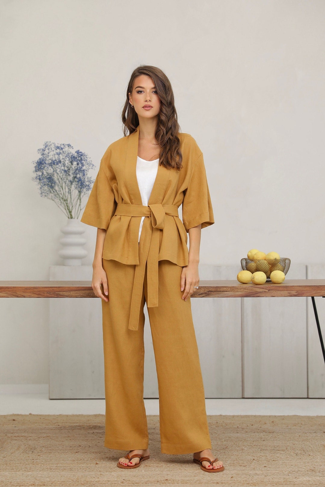 Leinenjacke in Senf, Leinen-Cardigan, Leinenkleidung Damen, Leinen