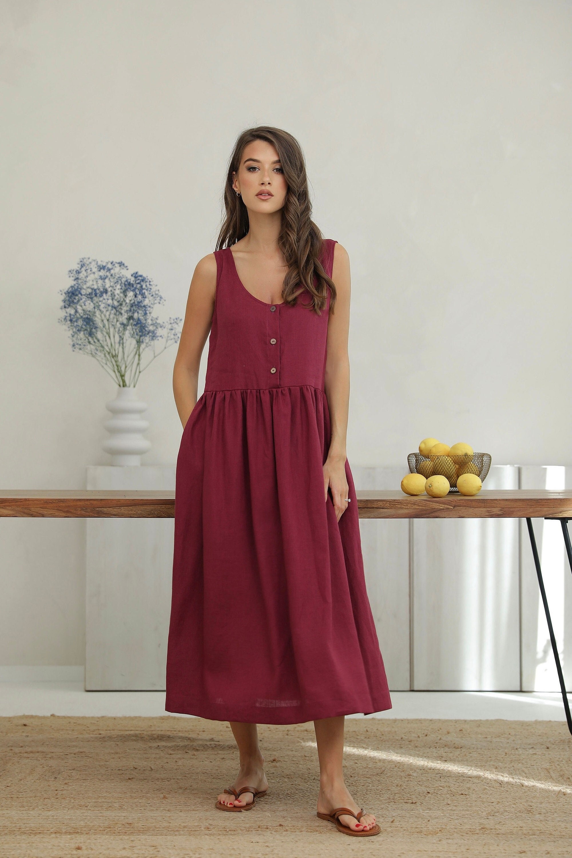 Burgundy Long Linen Dress, Sleeveless Dress With Pockets, Loose