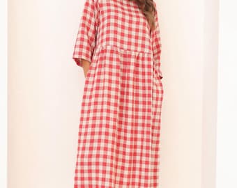 Red Gingham Linen Midi Dress, Loose Fit Summer Linen Dress, Casual Linen Dress