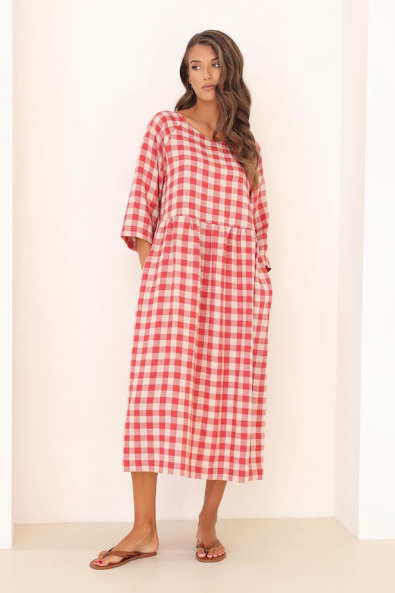 Red Gingham Linen Midi Dress, Loose Fit Summer Linen Dress, Casual Linen Dress Red Gingham Linen Midi Dress, Loose Fit Summer Linen Dress, Casual Linen Dress