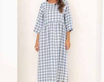 Loose Linen Dress in Light Blue Gingham, Linen Dress with Pockets, Casual Line Dress
