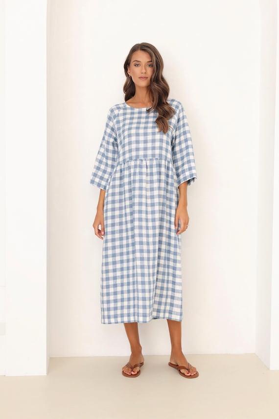 Loose Linen Dress in Light Blue Gingham, Linen Dress with Pockets, Casual Line Dress