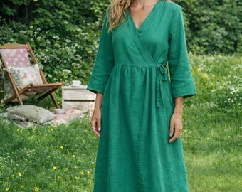 Linen Wrap Dress in Emerald Green, Relaxed Fit Long Sleeve Midi Linen Dress