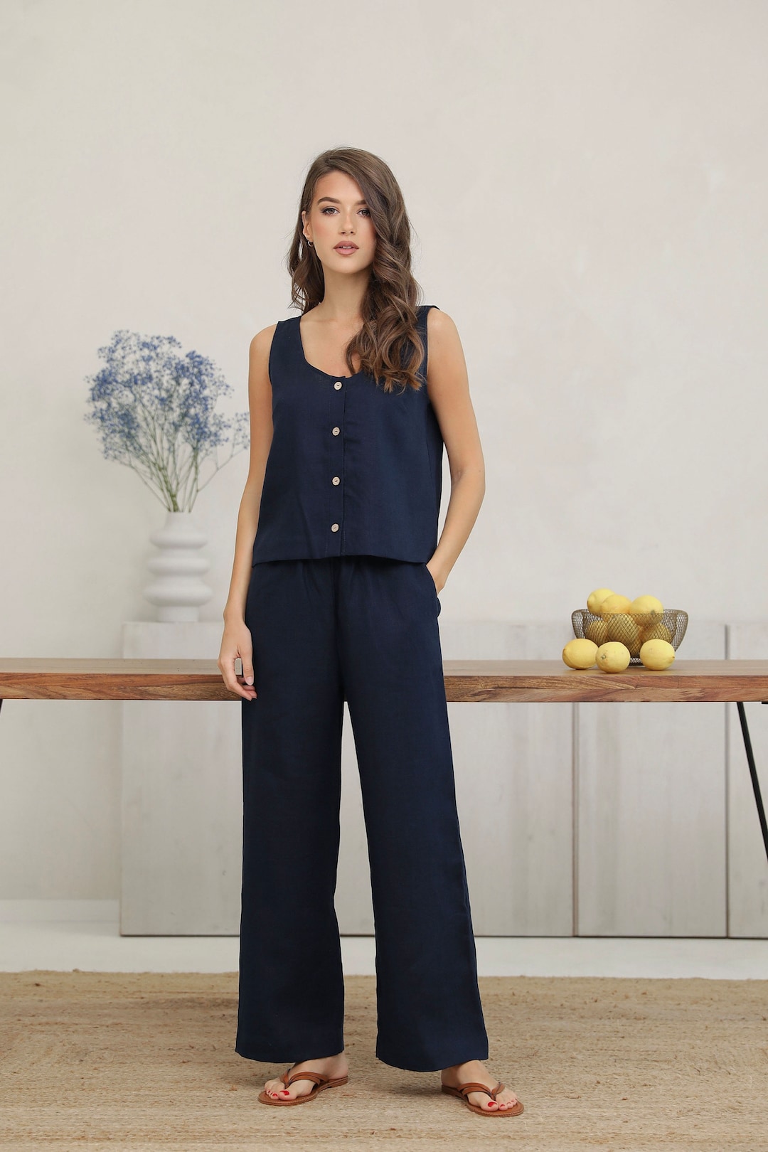 Linen 2 Piece Set Pants and Tank Top Set Dark Navy Blue Available in 34 ...