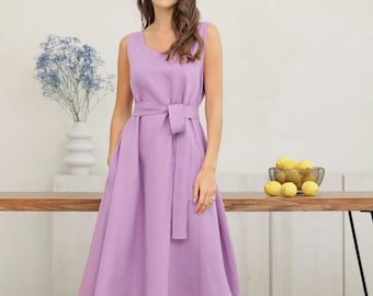Flowy Linen Dress, Sleeveless Midi Dress, Lilac Purple