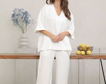 Milk White Oversized Linen Top, Relaxed Fit Linen Blouse V-neck