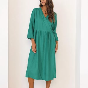 Linen Wrap Dress SIZE - S Ready To Ship in Emerald Green, Wrap Linen Dress, Summer Linen Dress