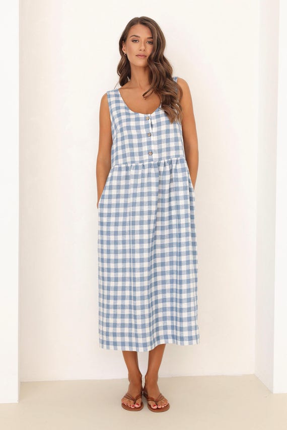 linen tank dress with pockets Bxsruta Women's Casual Linen Sleeveless Tank Dress with Pockets Henley Button Midi Dress Breathable Lightweight for Summer Daily Wear Comfortable